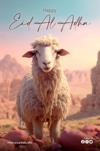 Happy eid aladha greeting poster with sheep as background