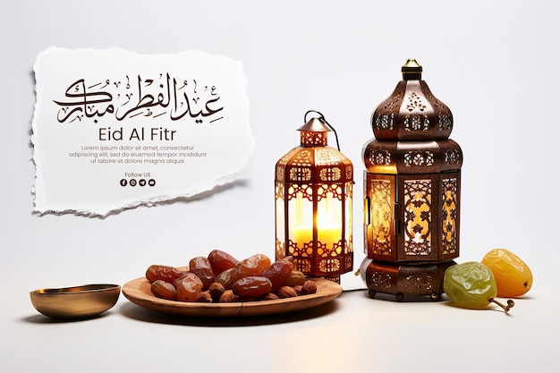 Happy eid alfitr banner with lantern background with arabian lamp wooden rosary dates fruit