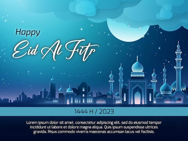 Happy eid alfitr banner with a mosque background generative ai