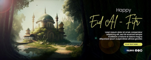 Happy Eid AlFitr banner with a mosque background