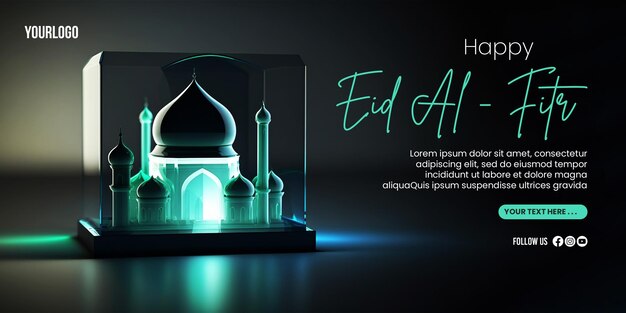 Happy eid alfitr banner with a mosque background