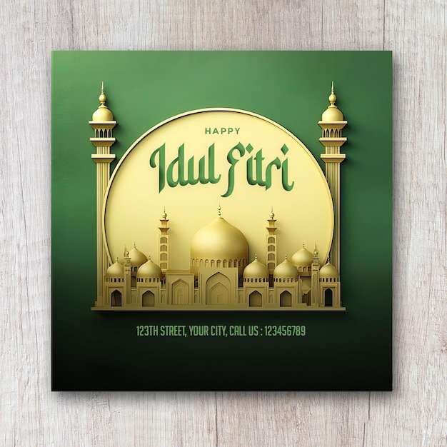 Happy eid alfitr poster with a background mosque green gold color 3d scenery