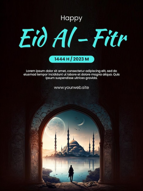 Happy Eid AlFitr poster with a background where someone sees a magnificent mosque