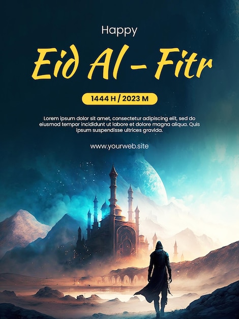 PSD felice poster di eid alfitr con uno sfondo in cui qualcuno vede una magnifica moschea