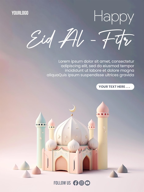 Happy eid alfitr poster con sfondo moschea in miniatura di colore pastello carino