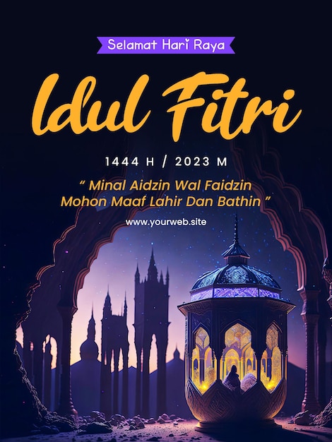 Felice poster di eid alfitr con lanterne e moschee sullo sfondo