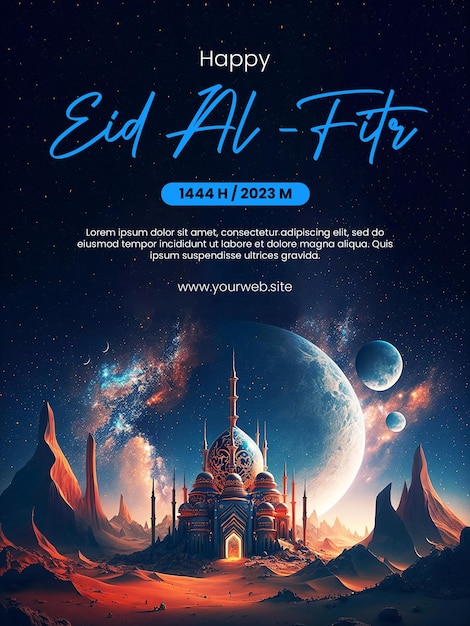 PSD happy eid alfitr poster with a mosque background with a space theme