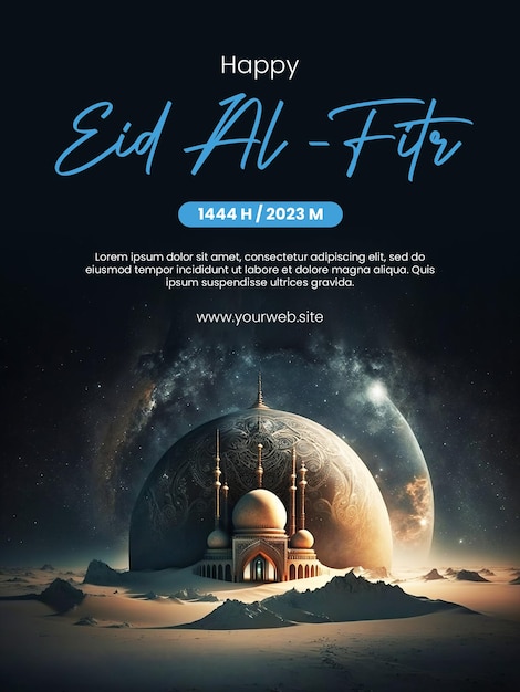 Happy Eid AlFitr poster with a mosque background with a space theme