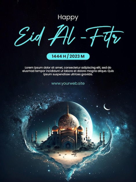 Happy Eid AlFitr poster with a mosque background with a space theme
