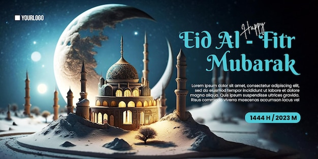 Happy Eid AlFitr poster with mosque background