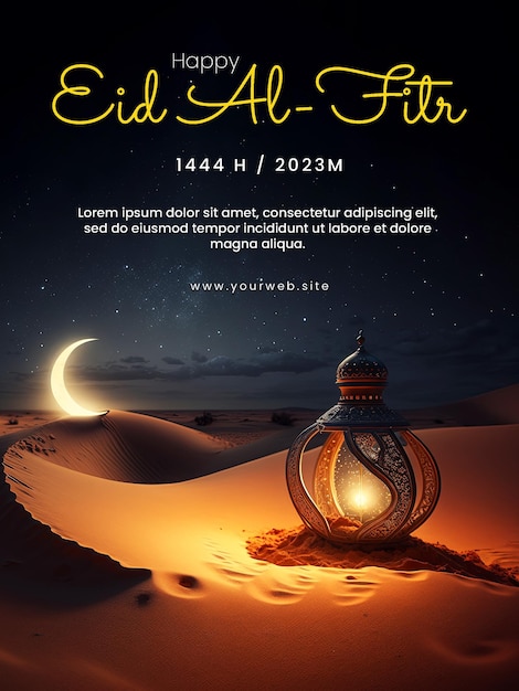 Happy Eid AlFitr social media poster met woestijn achtergrond lantaarns moskee