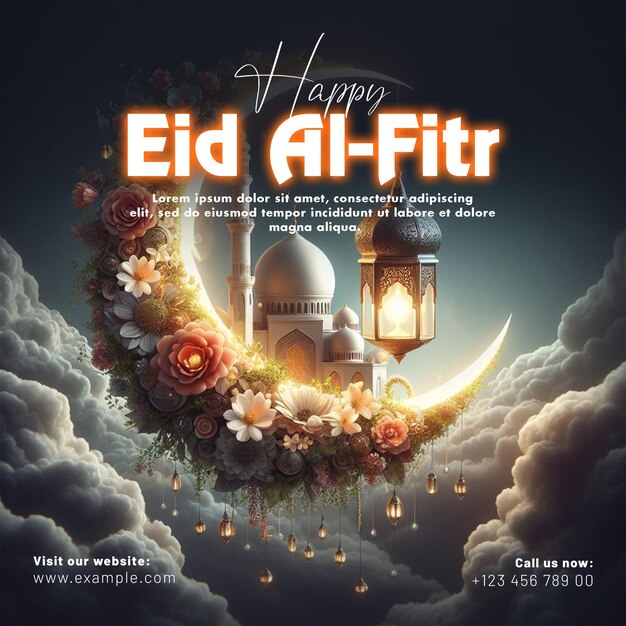 PSD happy eid mubarak e eid ul fitr banner e poster sui social media con lanterne e luna sullo sfondo