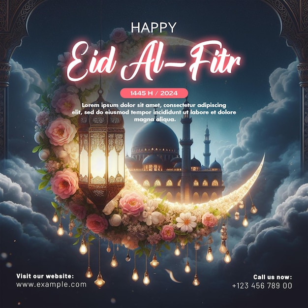 PSD happy eid mubarak and eid ul fitr social media banner and poster with a background lanterns and moon