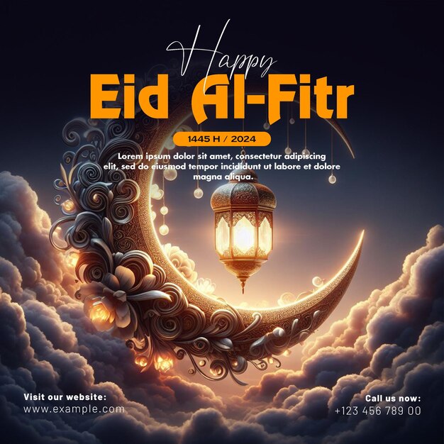 PSD happy eid mubarak e eid ul fitr banner e poster sui social media con lanterne e luna sullo sfondo