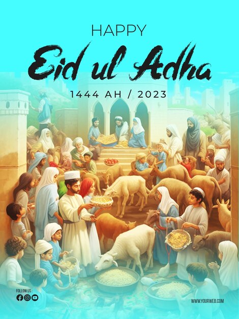 Poster felice di eid ul adha con uno sfondo di lanterne, luna e nuvole