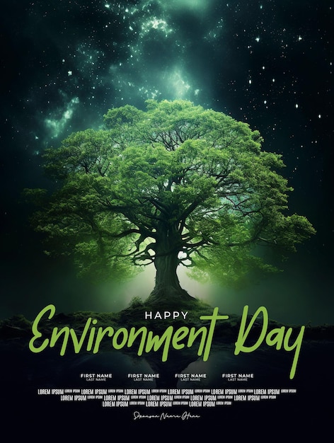 PSD modello di poster per la giornata dell'ambiente con un grande albero verde