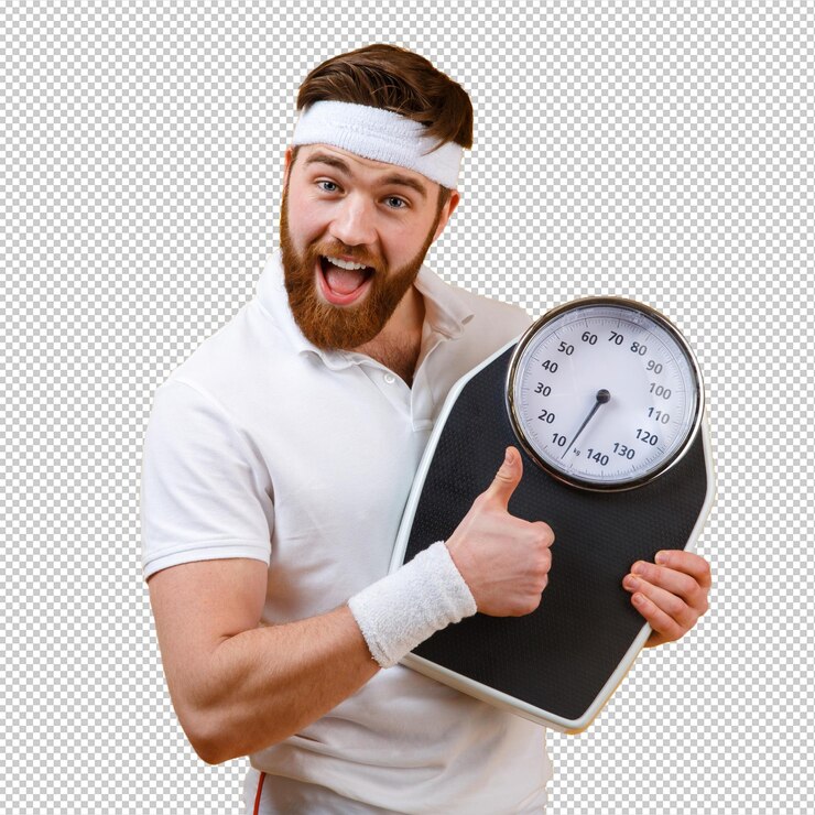 PSD happy excited bearded fitness man holding weight scales