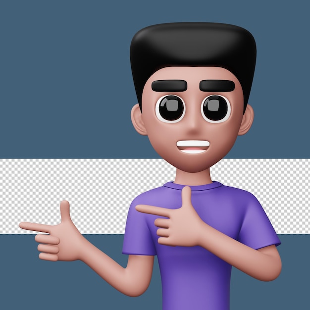 Happy excited man pointing to the side Cute cartoon character 3d rendering