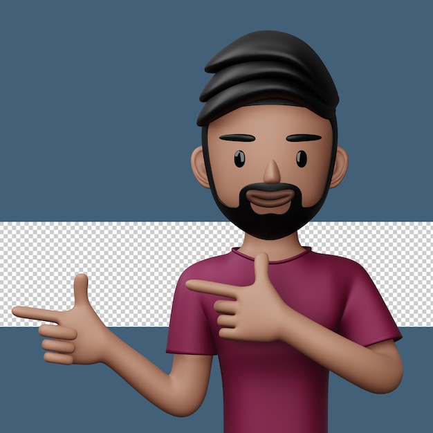 Happy excited man pointing to the side cute cartoon character 3d rendering