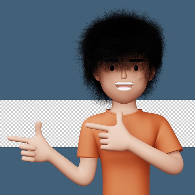 Happy excited man pointing to the side Cute cartoon character 3d rendering