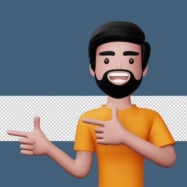 Happy excited man pointing to the side Cute cartoon character 3d rendering