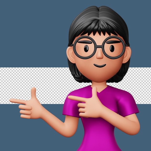 Happy excited woman pointing to the side Cute cartoon character 3d rendering