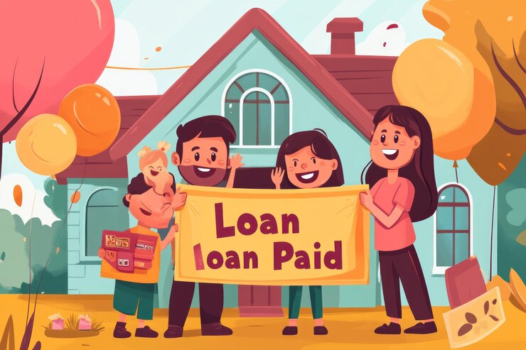 PSD happy family celebrates mortgage loan payoff in front of their new house