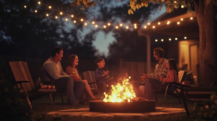 PSD happy family enjoying a bonfire in their backyard at night illuminated by string lights