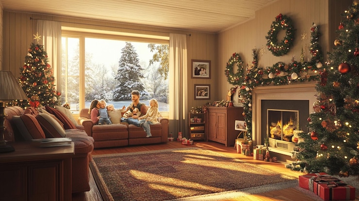 PSD happy family enjoying christmas morning by a fireplace and window with winter view