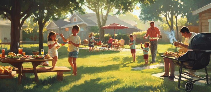 PSD happy family enjoying a sunny day with barbecue and picnic