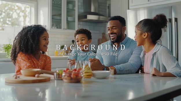 a happy family of four enjoys breakfast together at the kitchen counter laughing and smiling