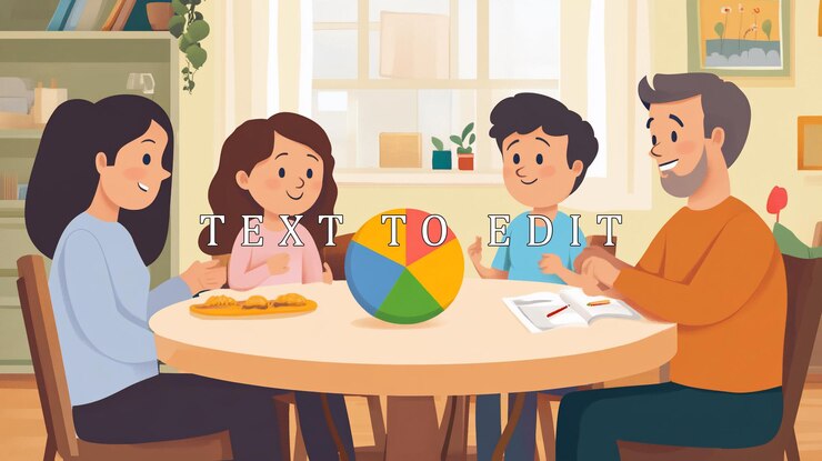 PSD happy family of four sits at table discussing a colorful pie chart