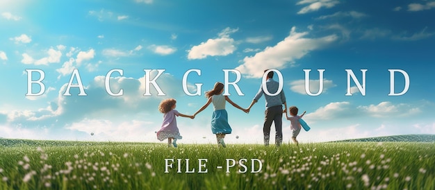 PSD happy family holding childrens hands and both parents running on a green grass field