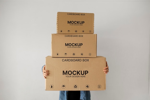 PSD happy family moving boxes mockup in new home