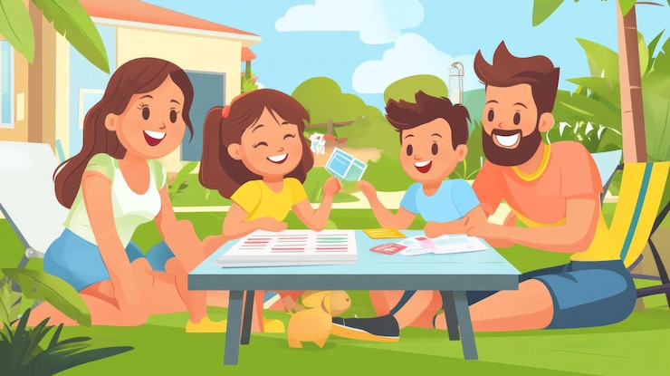 PSD happy family playing a board game outdoors in their backyard