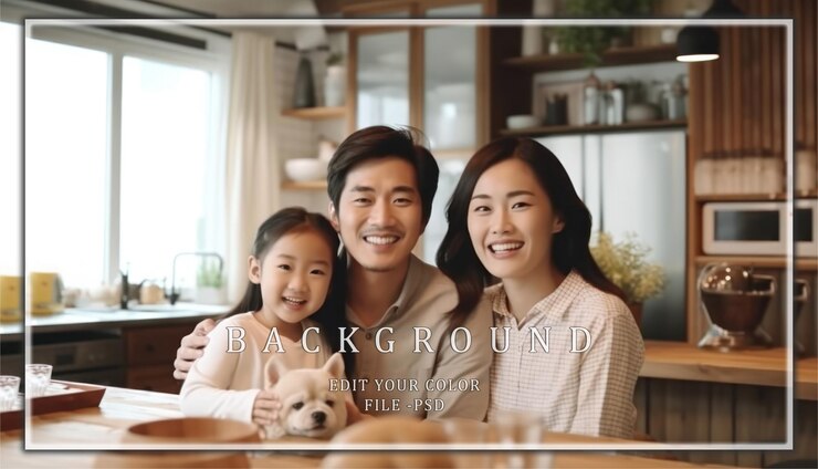 PSD 在房裡的幸福家庭肖像與狗