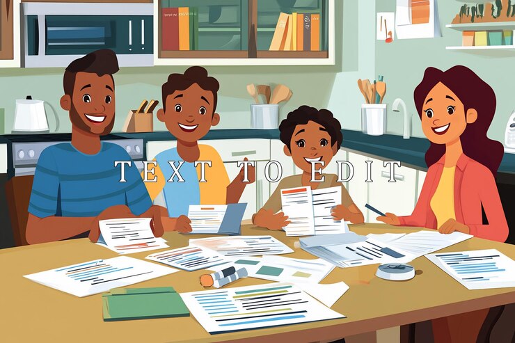 PSD happy family reviewing papers together at kitchen table