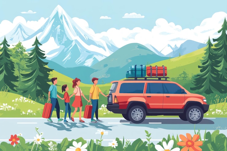 PSD happy family on a road trip to the mountains