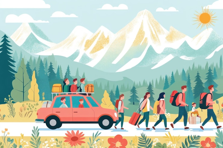 PSD happy family on a scenic road trip to the mountains carrying luggage