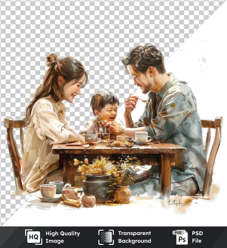 PSD 快乐的家庭坐在餐桌上水彩绘画插图