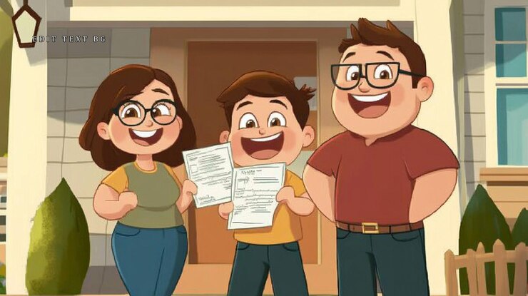 PSD happy family of three standing outside their house holding documents and smiling