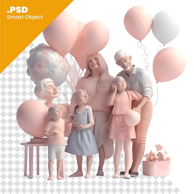 PSD famiglia felice con palloncini madrepadre e figli modello psd di rendering 3d