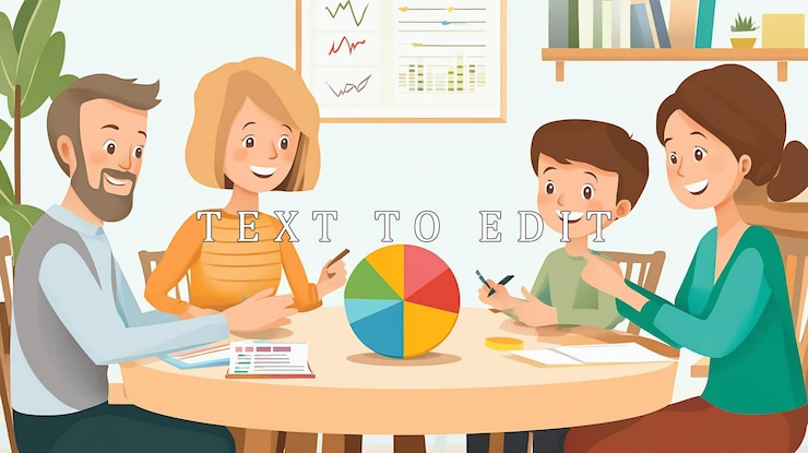 PSD happy family with child discussing finances around a pie chart at home