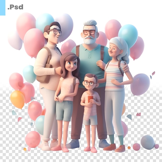 Happy family with children and grandparents 3d rendering vintage style psd template