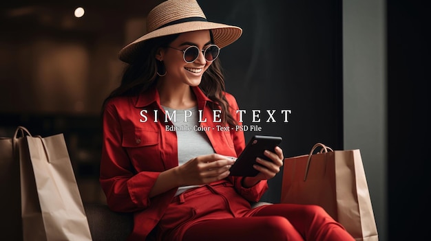 PSD happy fashionable young woman sitting and holding shopping bags in a smartphone