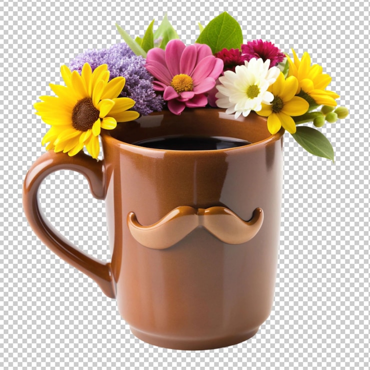 PSD happy father day concept brown coffee mug with mustaches on transparent background