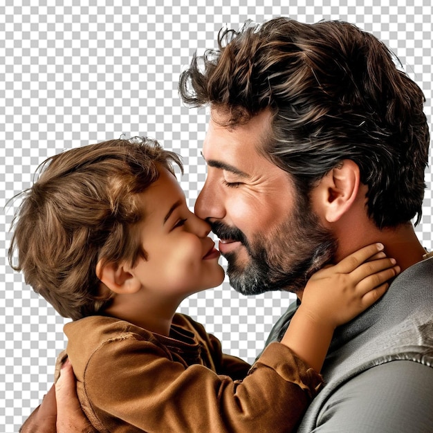 Un padre felice e il suo figlioletto su uno sfondo bianco