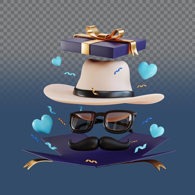 PSD happy father's day 3d illustration with hat tie mustache eyeglasses