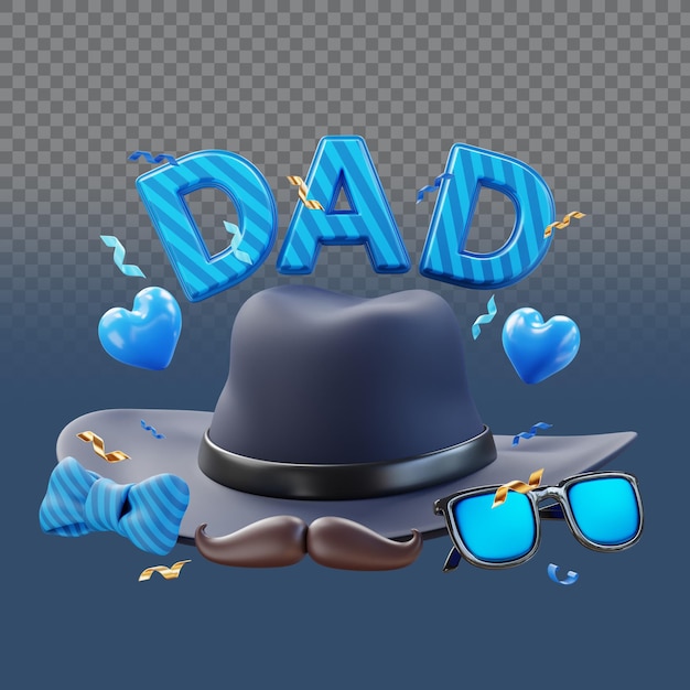 PSD happy father's day 3d illustration with hat tie mustache eyeglasses