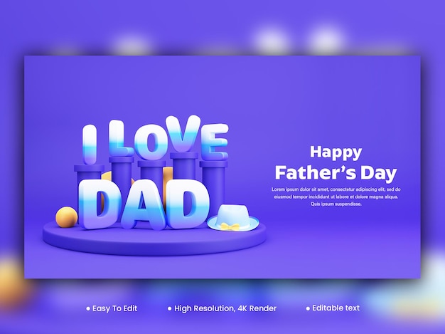Happy Father's Day Banner Design met 3D ik hou van papa lettertype ballen en Fedora hoed op violette achtergrond
